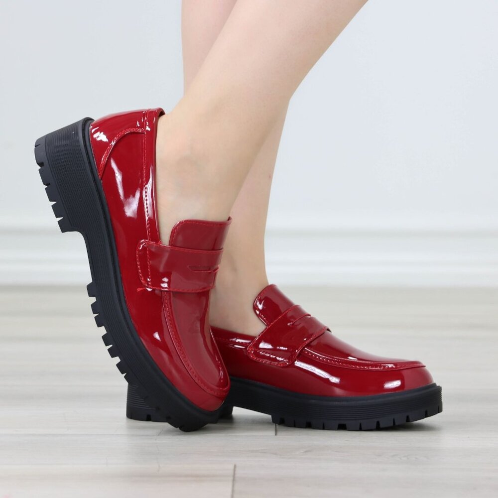 Womens Chunky Penny Loafer Lug Sole Slip On Platform Red Patent - Picture 2 of 16